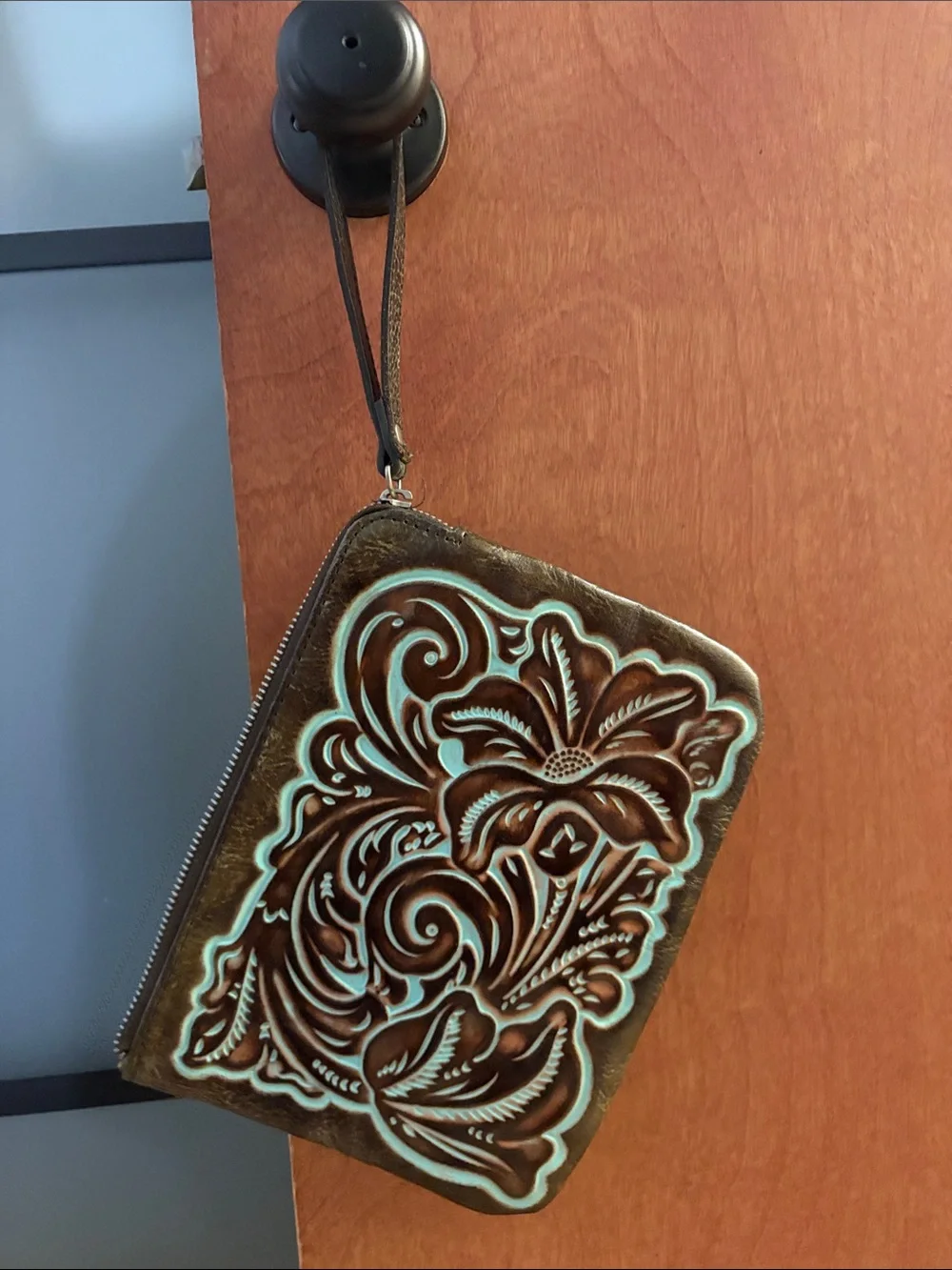 Turquoise-Accented Brown Embossed Leather Wristlet